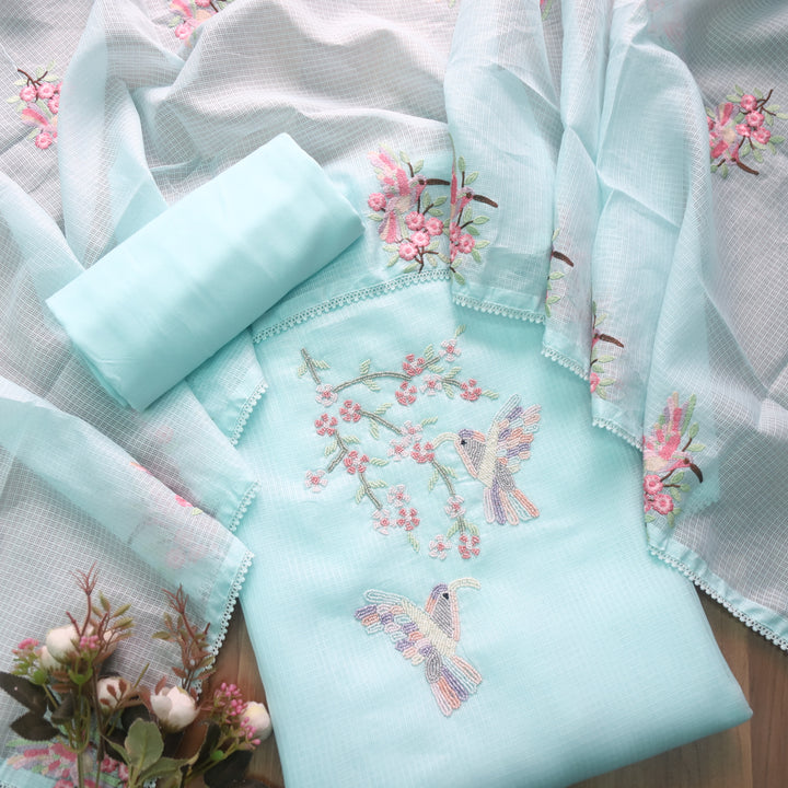 Neelbarri Baby Blue Bird Style Moti Work Neck Kota Doriya Suit Set