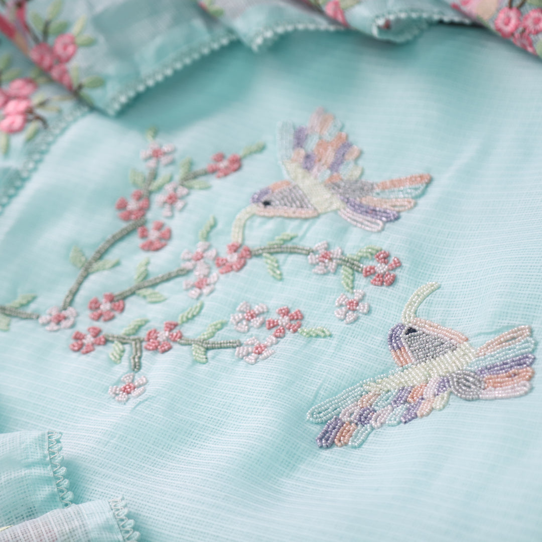 Neelbarri Baby Blue Bird Style Moti Work Neck Kota Doriya Suit Set