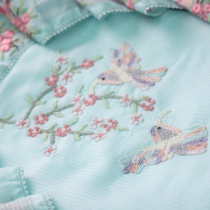 Neelbarri Baby Blue Bird Style Moti Work Neck Kota Doriya Suit Set