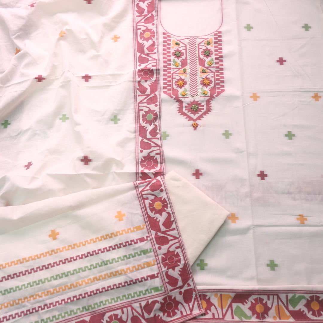 Suroor White with Berry Red Authentic Jamdani Weaved Neck Cotton Suit Set-D1
