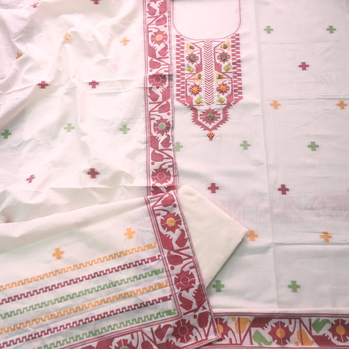 Suroor White with Berry Red Authentic Jamdani Weaved Neck Cotton Suit Set-D1