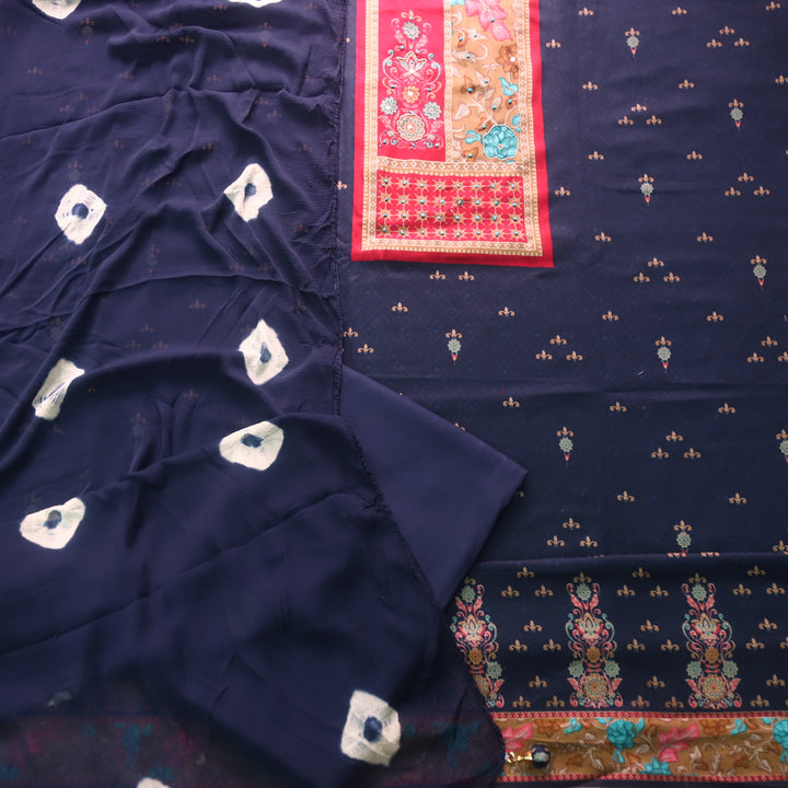 Kaashi Navy Blue Floral Patch Print with Knot and Zari Work Jam Cotton Set