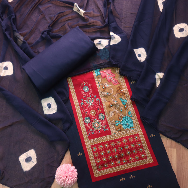 Kaashi Navy Blue Floral Patch Print with Knot and Zari Work Jam Cotton Set
