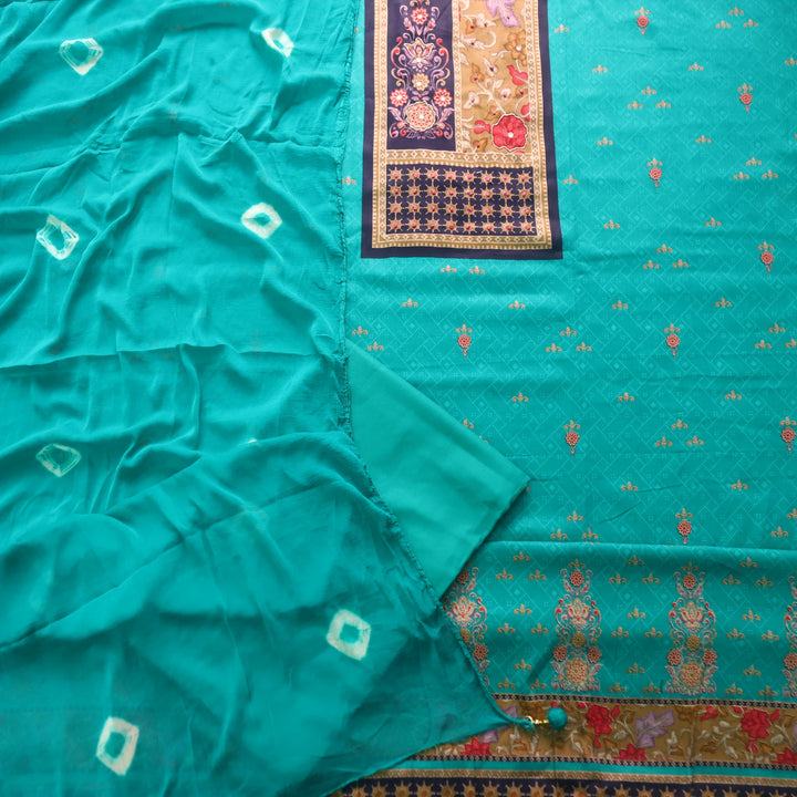 Kaashi Cyan Turquoise  Floral Patch Print with Knot and Zari Work Jam Cotton Set