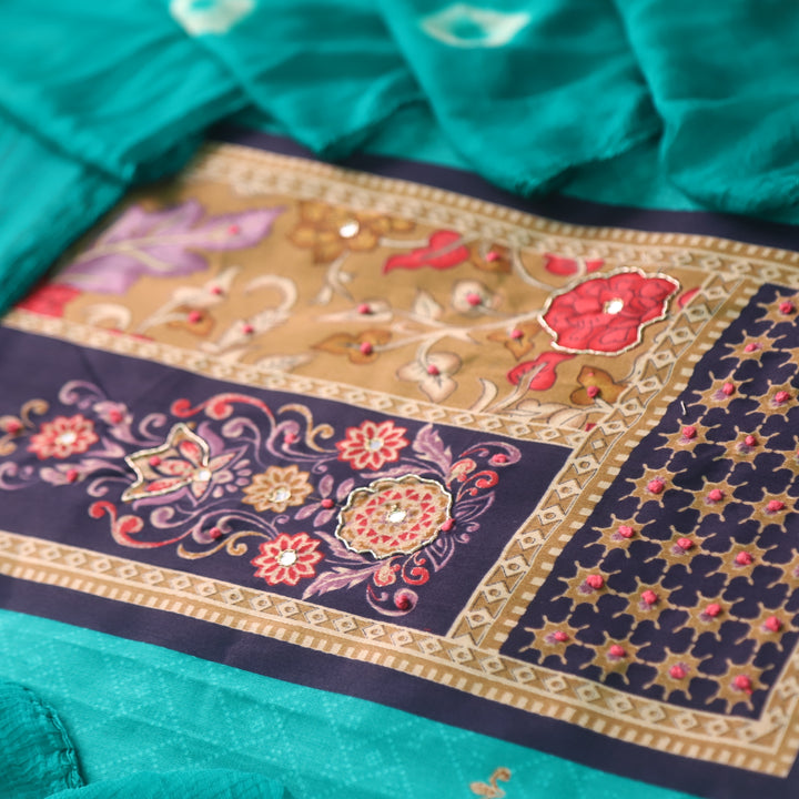 Kaashi Cyan Turquoise  Floral Patch Print with Knot and Zari Work Jam Cotton Set