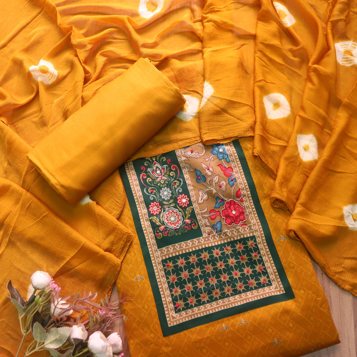 Kaashi Turmeric Yellow Floral Patch Print with Knot and Zari Work Jam Cotton Set