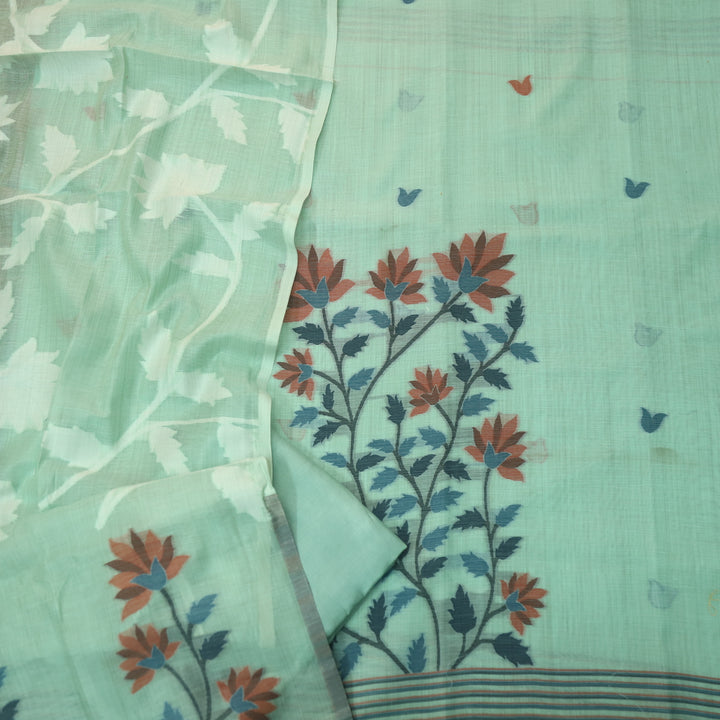 Khawabi Ocean Green Floral Authentic Jamdani Weaved Chanderi Suit Set