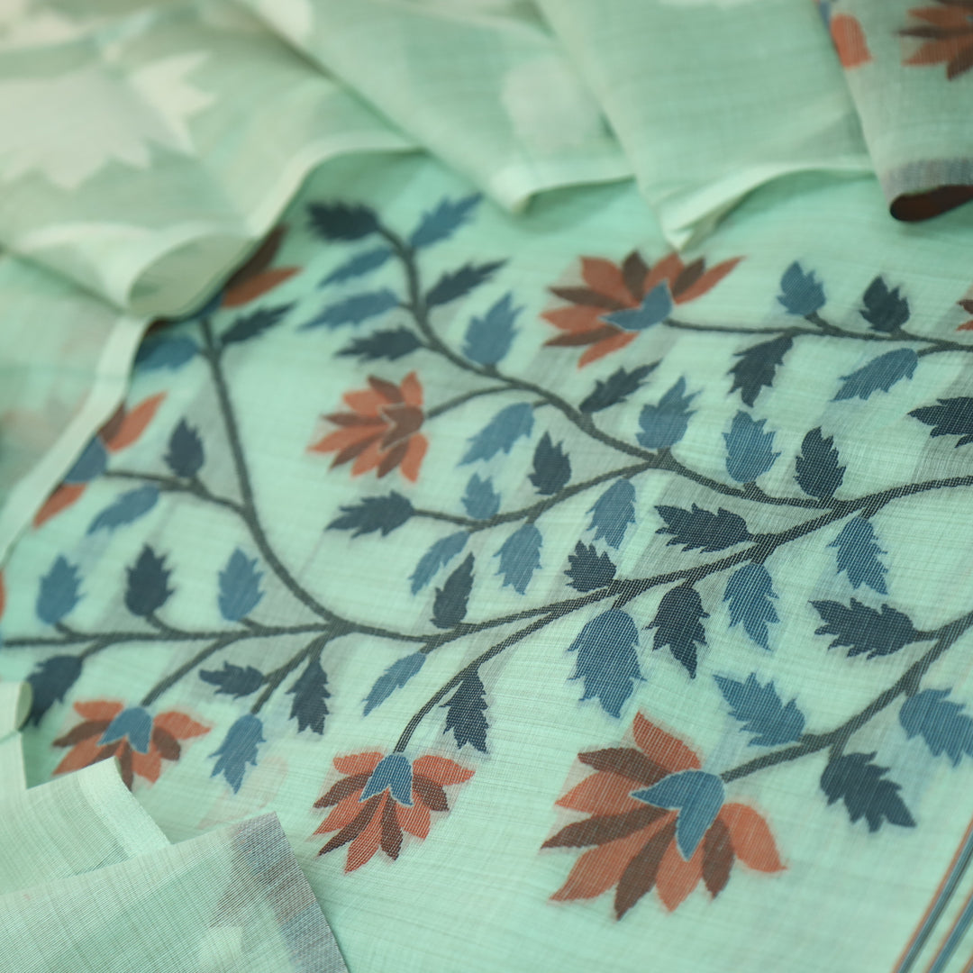 Khawabi Ocean Green Floral Authentic Jamdani Weaved Chanderi Suit Set