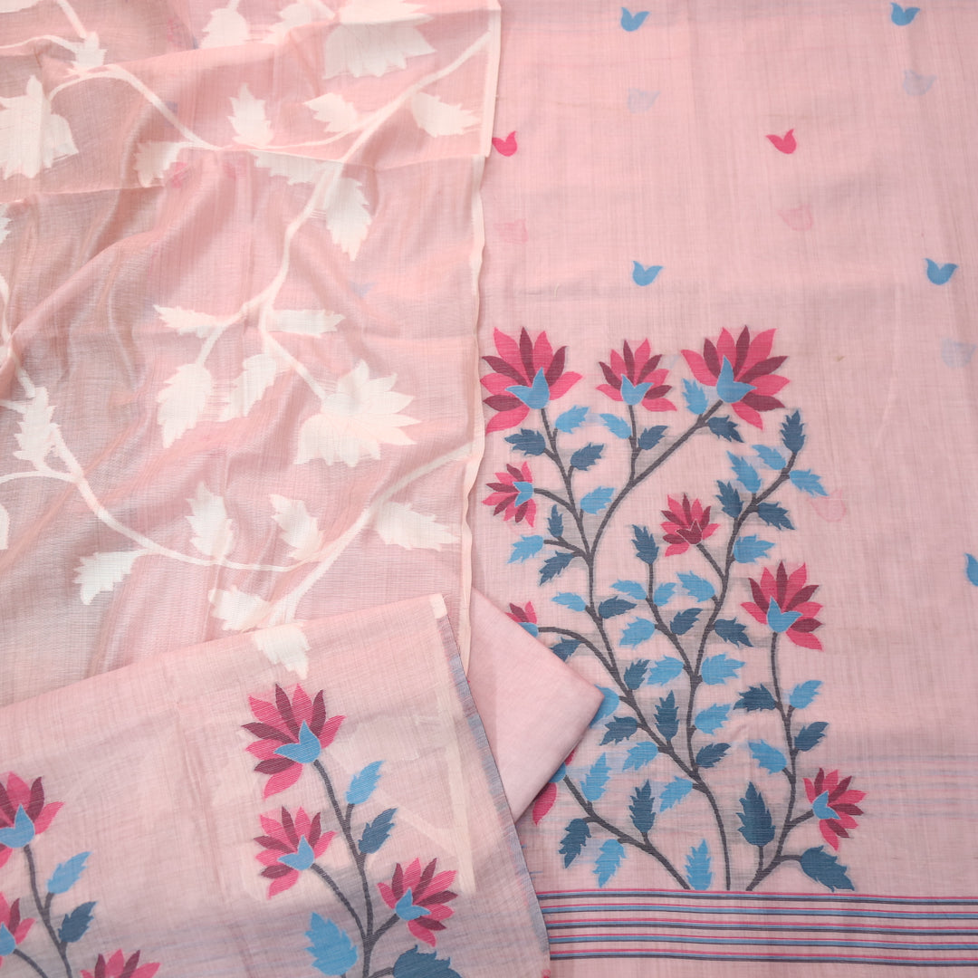 Khawabi Frosty Pink Floral Authentic Jamdani Weaved Chanderi Suit Set