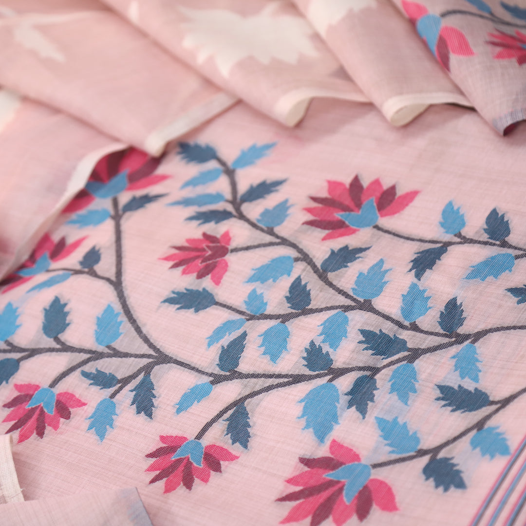 Khawabi Frosty Pink Floral Authentic Jamdani Weaved Chanderi Suit Set