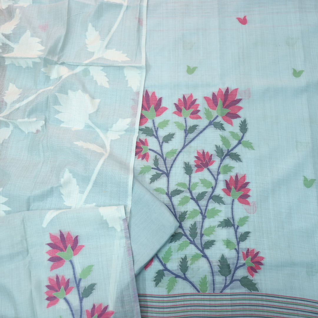 Khawabi Powder Blue Floral Authentic Jamdani Weaved Chanderi Suit Set