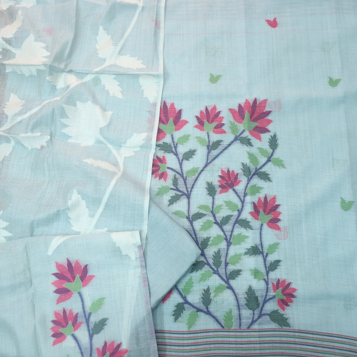 Khawabi Powder Blue Floral Authentic Jamdani Weaved Chanderi Suit Set