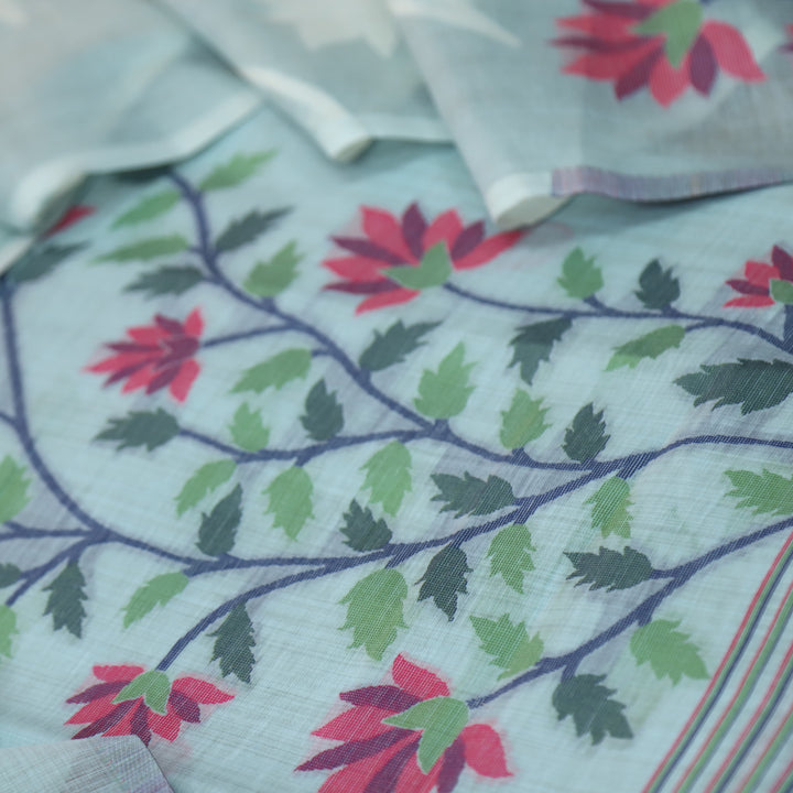 Khawabi Powder Blue Floral Authentic Jamdani Weaved Chanderi Suit Set