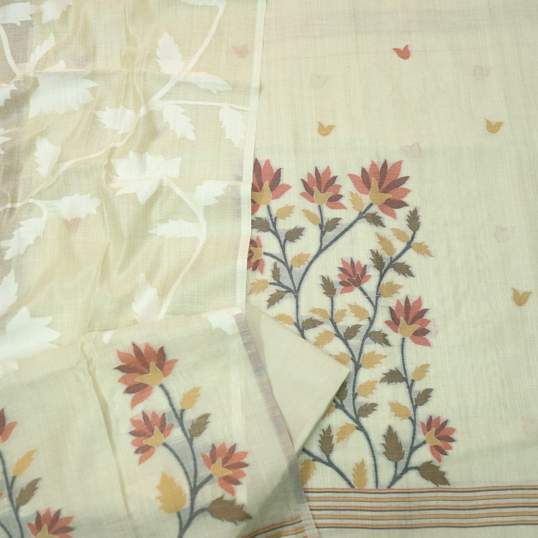 Khawabi Skin Beige Floral Authentic Jamdani Weaved Chanderi Suit Set