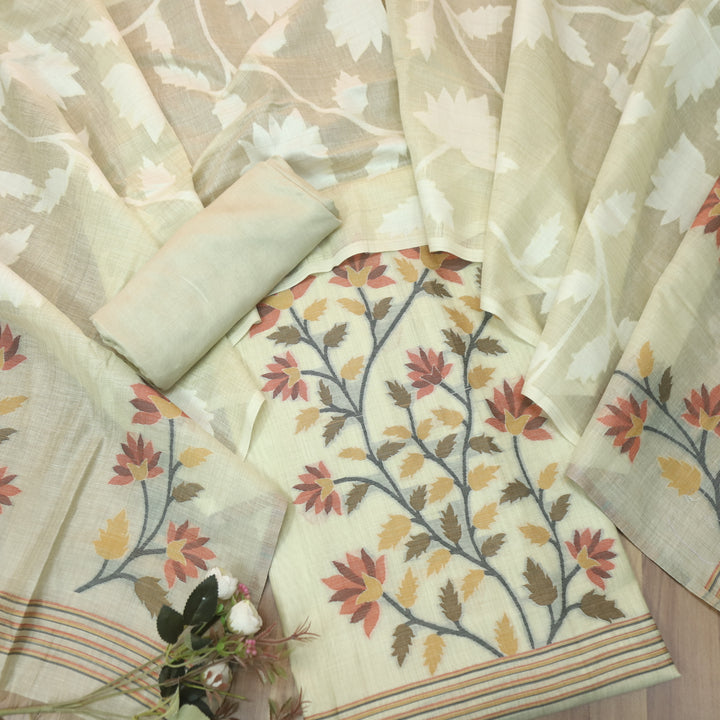 Khawabi Skin Beige Floral Authentic Jamdani Weaved Chanderi Suit Set
