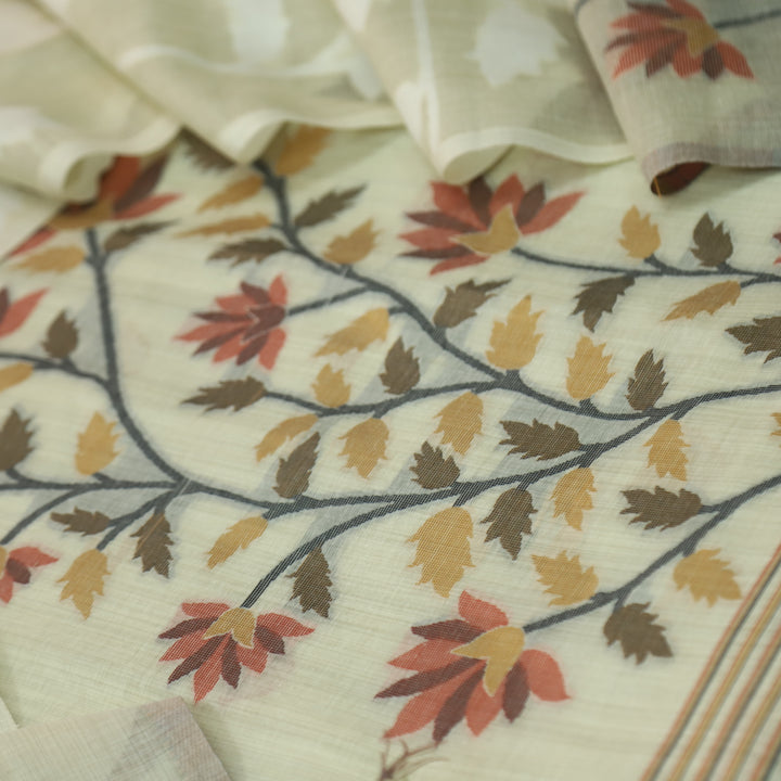 Khawabi Skin Beige Floral Authentic Jamdani Weaved Chanderi Suit Set