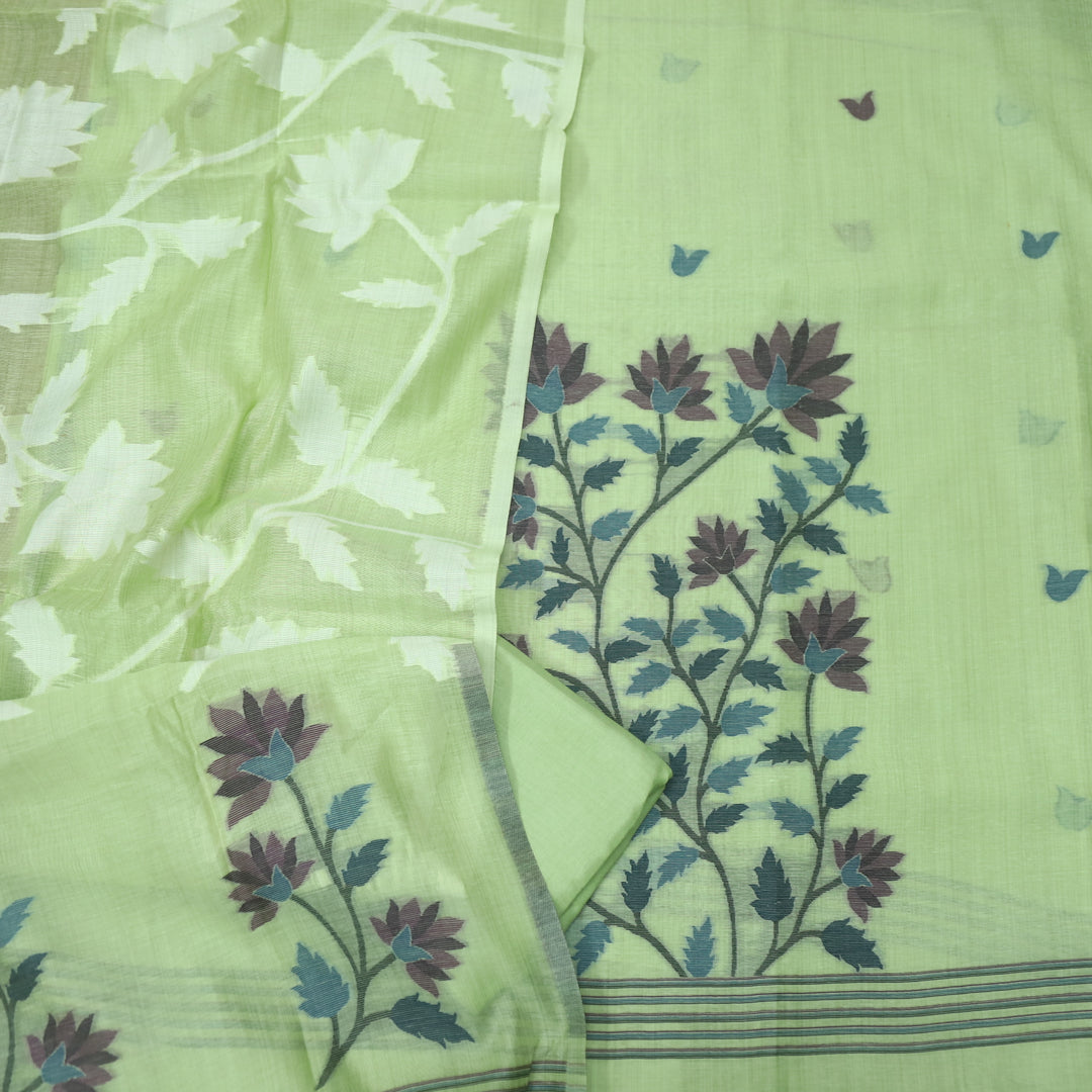Khawabi Minty Green Floral Authentic Jamdani Weaved Chanderi Suit Set