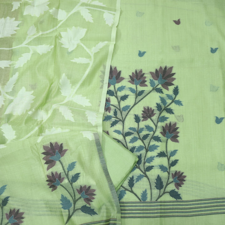 Khawabi Minty Green Floral Authentic Jamdani Weaved Chanderi Suit Set