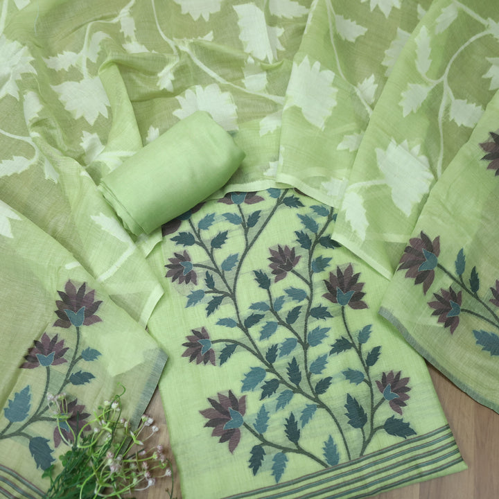 Khawabi Minty Green Floral Authentic Jamdani Weaved Chanderi Suit Set