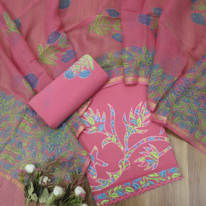 Khawabi Rouge Pink Applique Work on Hem with Lace Cotton Suit Set