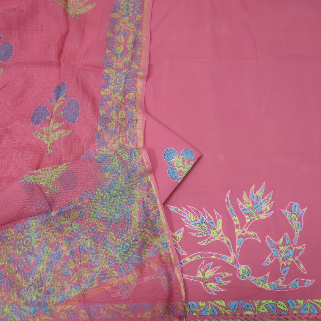 Khawabi Rouge Pink Applique Work on Hem with Lace Cotton Suit Set