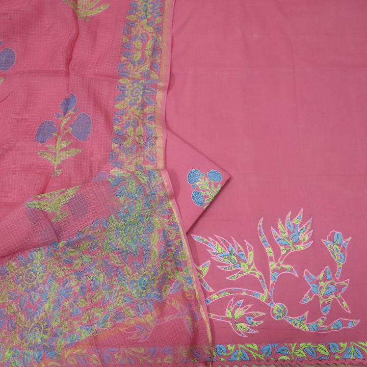 Khawabi Rouge Pink Applique Work on Hem with Lace Cotton Suit Set