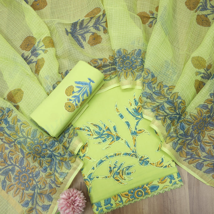 Khawabi Mint Green Applique Work on Hem with Lace Cotton Suit Set