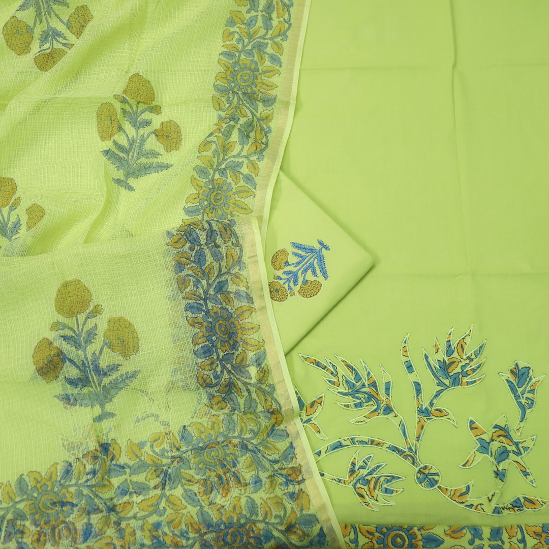 Khawabi Mint Green Applique Work on Hem with Lace Cotton Suit Set