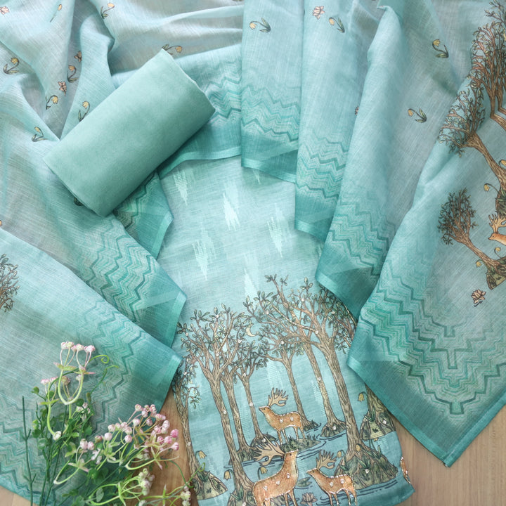 Aafeemi Sea Green Deer Print Hem with kardana in Ikkat Weaved Cotton Linen Set