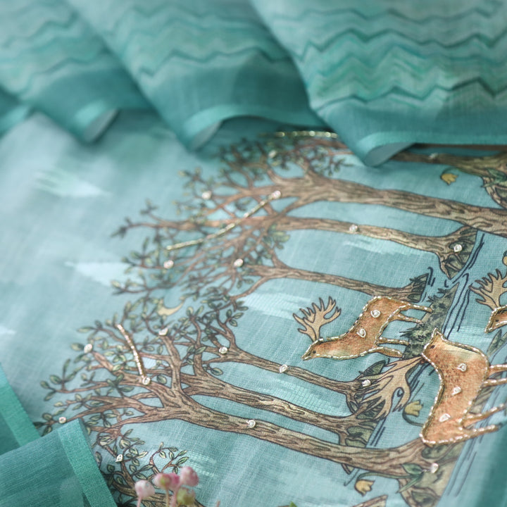 Aafeemi Sea Green Deer Print Hem with kardana in Ikkat Weaved Cotton Linen Set