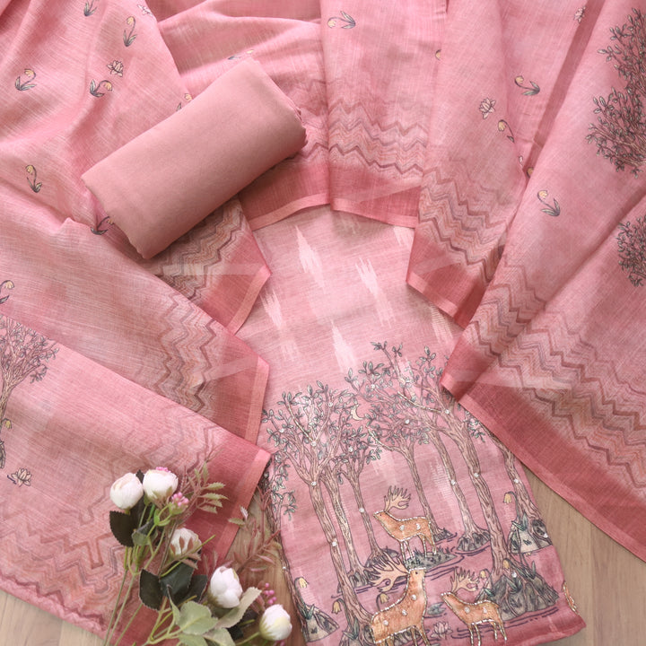 Aafeemi Rouge Pink Deer Print Hem with kardana in Ikkat Weaved Cotton Linen Set
