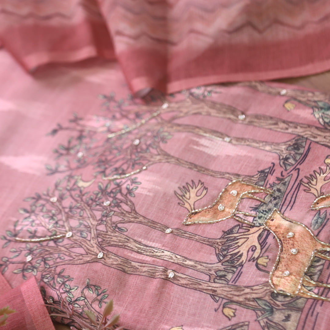 Aafeemi Rouge Pink Deer Print Hem with kardana in Ikkat Weaved Cotton Linen Set