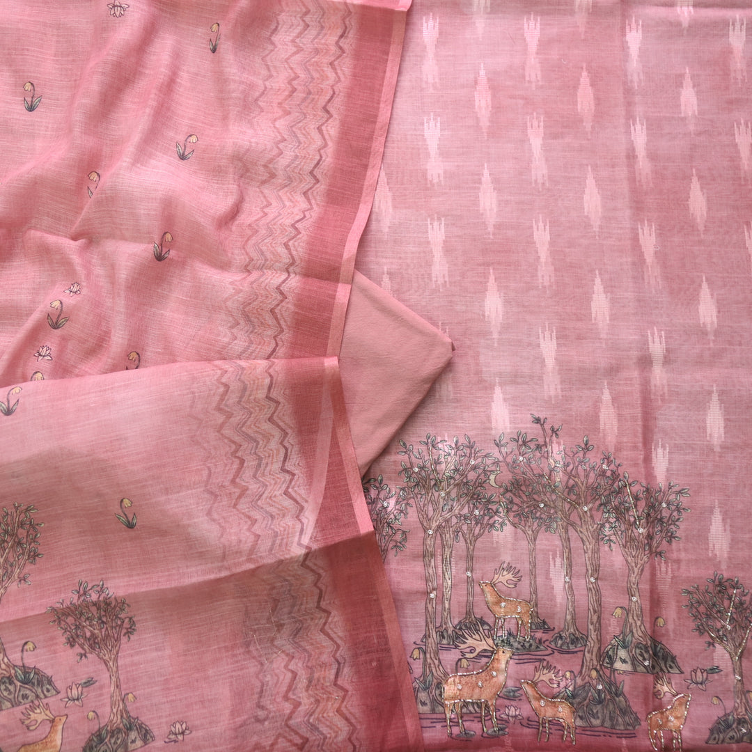 Aafeemi Rouge Pink Deer Print Hem with kardana in Ikkat Weaved Cotton Linen Set