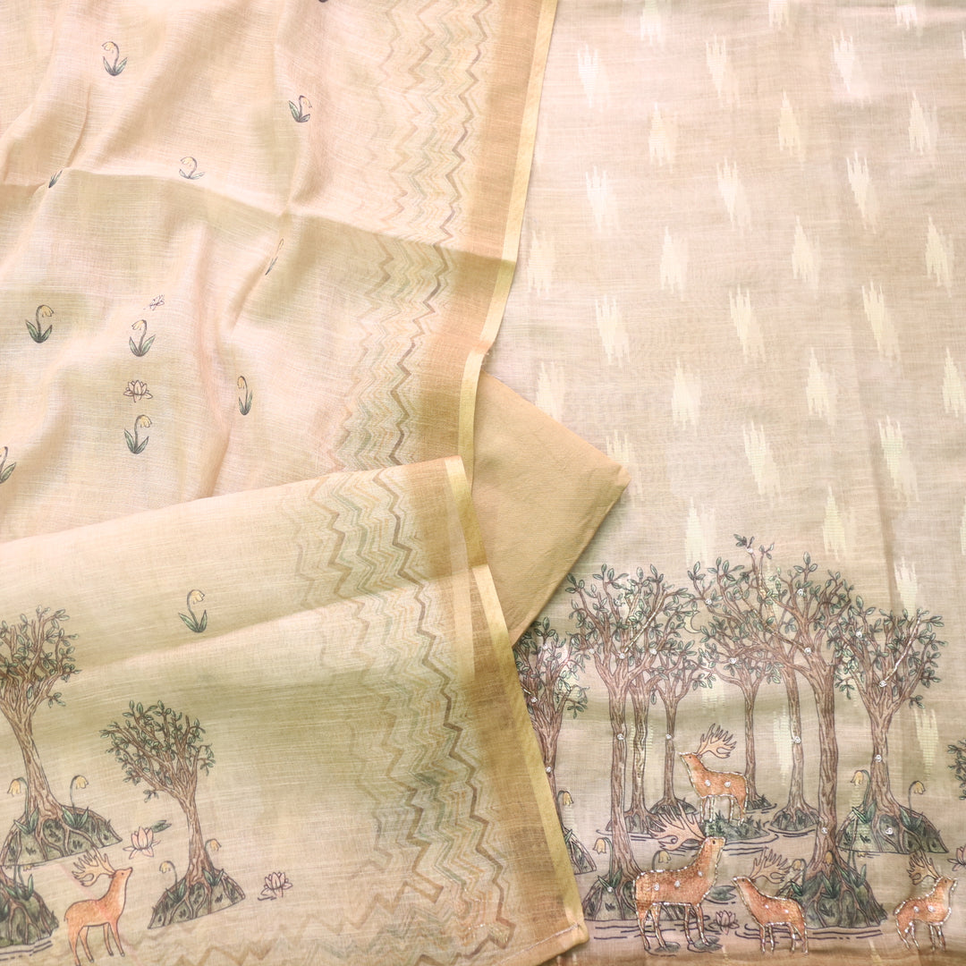Aafeemi Caramel Yellow Deer Print Hem with kardana in Ikkat Weaved Cotton Linen Set