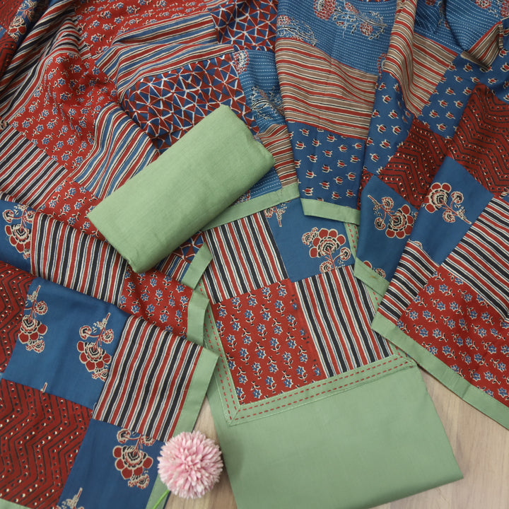 Aafeemi Sage Green Ajrak Patches Neck Work Cotton Suit Set