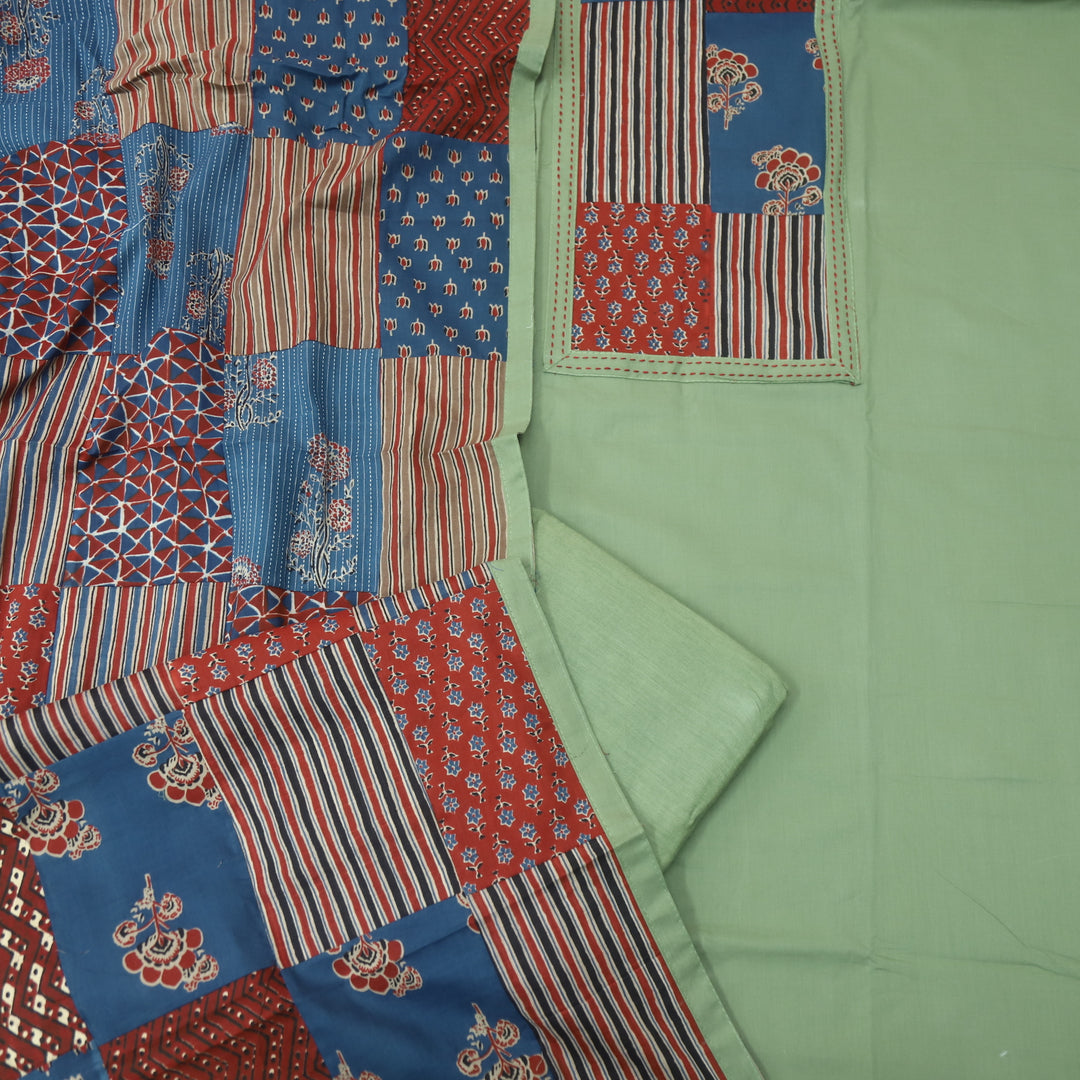 Aafeemi Sage Green Ajrak Patches Neck Work Cotton Suit Set