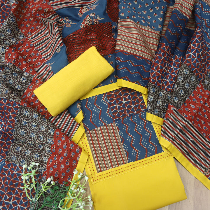 Aafeemi Beetle Yellow Ajrak Patches Neck Work Cotton Suit Set