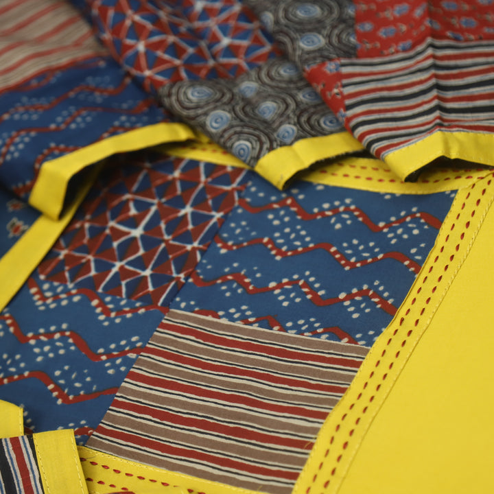 Aafeemi Beetle Yellow Ajrak Patches Neck Work Cotton Suit Set