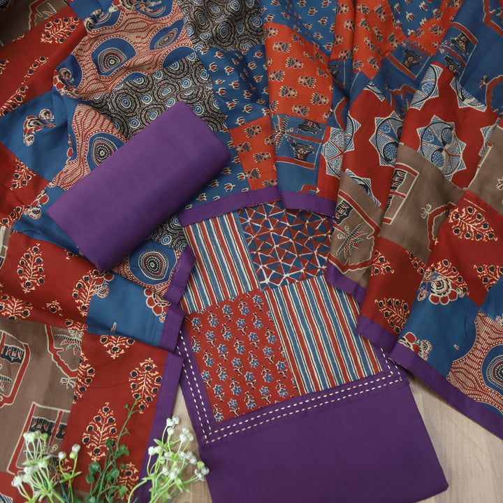 Aafeemi Orchid Purple Ajrak Patches Neck Work Cotton Suit Set