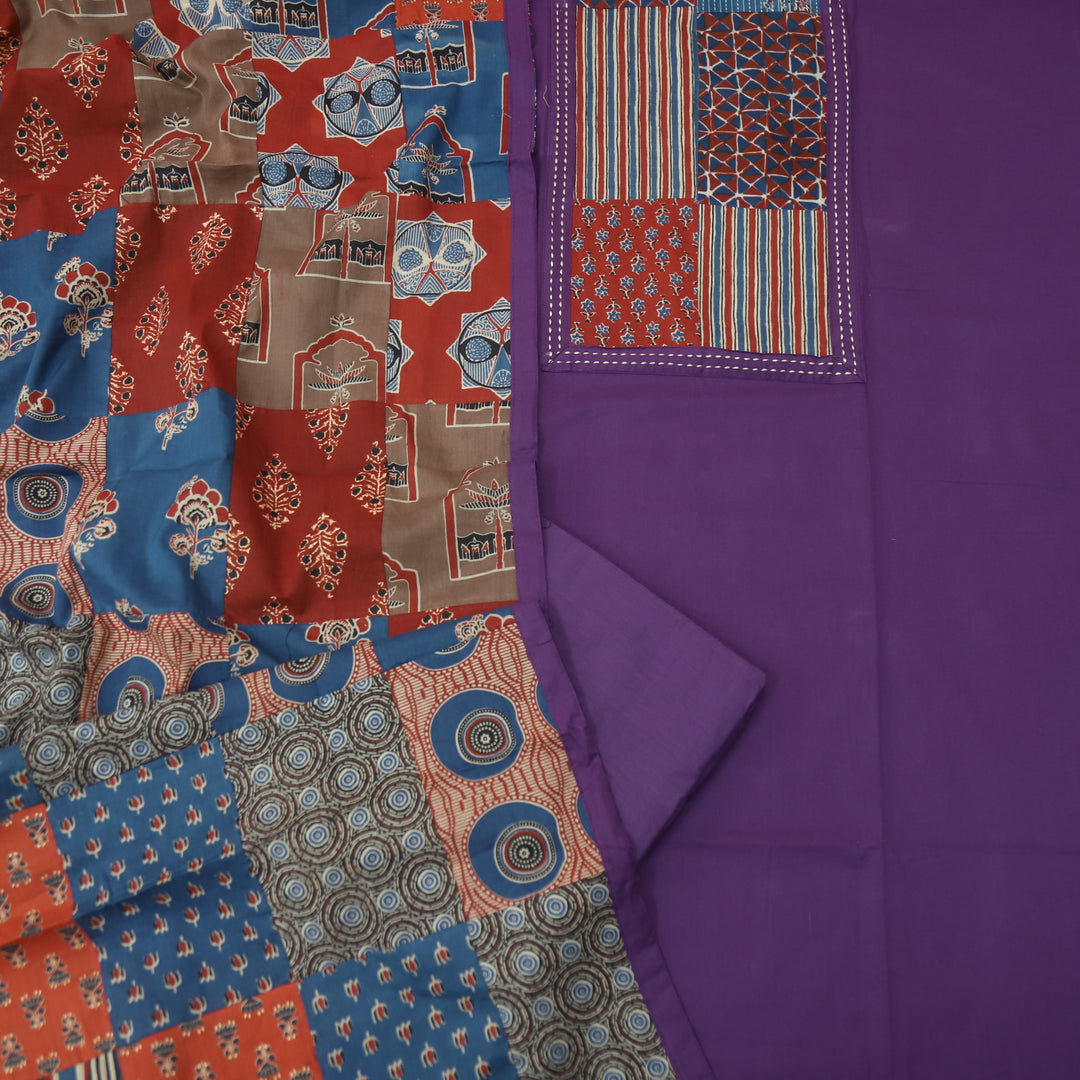 Aafeemi Orchid Purple Ajrak Patches Neck Work Cotton Suit Set