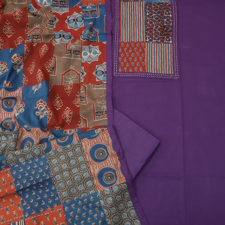 Aafeemi Orchid Purple Ajrak Patches Neck Work Cotton Suit Set
