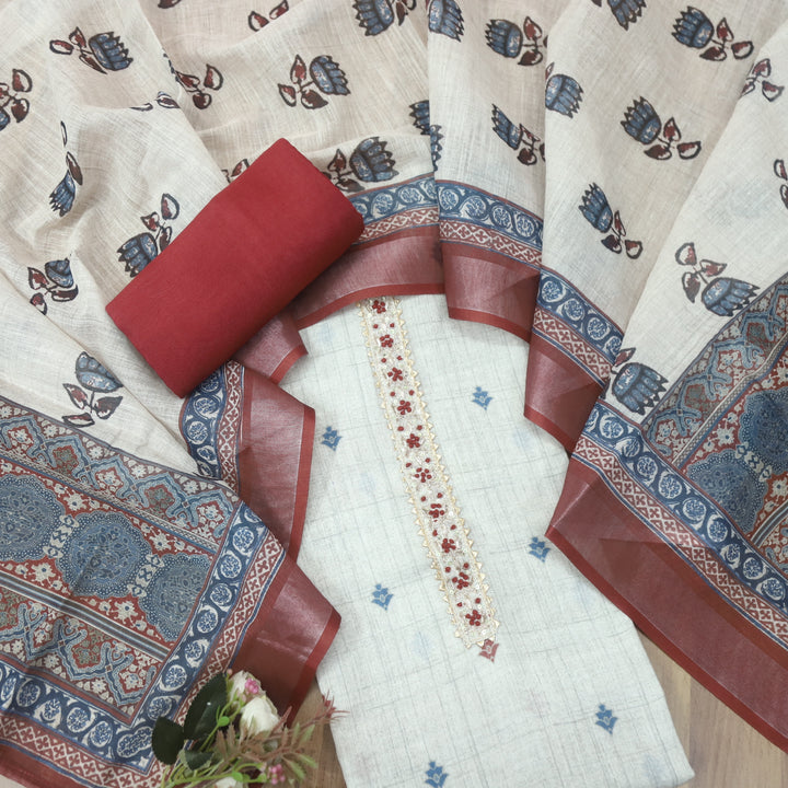 Aafeemi Skin Beige French Knot with Spiral Detailing Patch Printed Cotton Linen Set