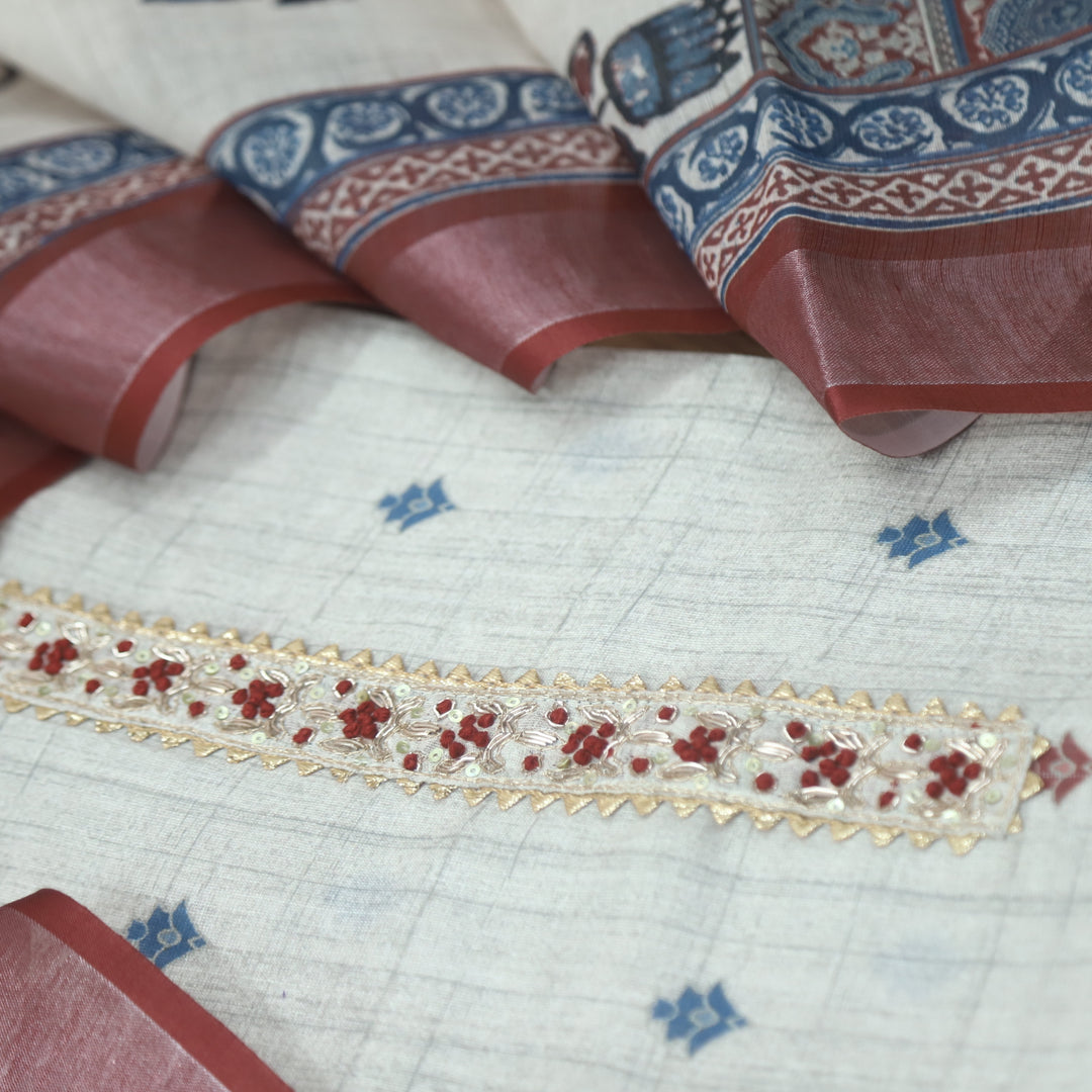 Aafeemi Skin Beige French Knot with Spiral Detailing Patch Printed Cotton Linen Set
