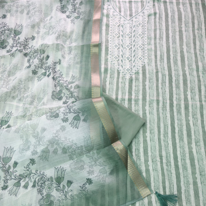Kaashi Sage Green Embroidered Neckline with Moti Stripe Print Jam Cotton Set