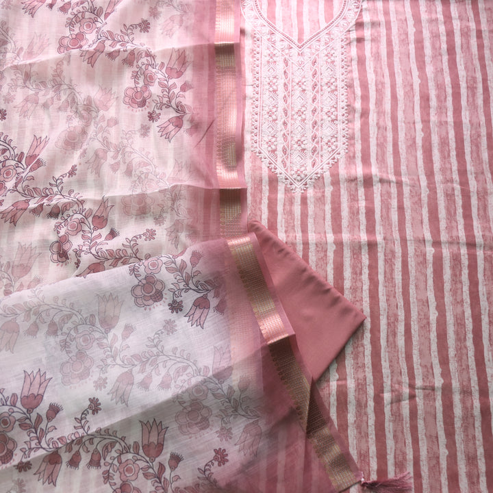 Kaashi Mauve Pink Embroidered Neckline with Moti Stripe Print Jam Cotton Set