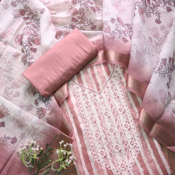 Kaashi Mauve Pink Embroidered Neckline with Moti Stripe Print Jam Cotton Set