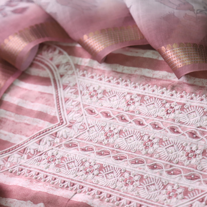 Kaashi Mauve Pink Embroidered Neckline with Moti Stripe Print Jam Cotton Set