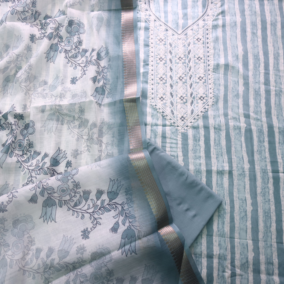 Kaashi Grayish Blue Embroidered Neckline with Moti Stripe Print Jam Cotton Set