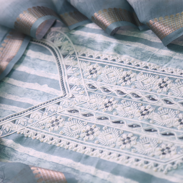 Kaashi Grayish Blue Embroidered Neckline with Moti Stripe Print Jam Cotton Set