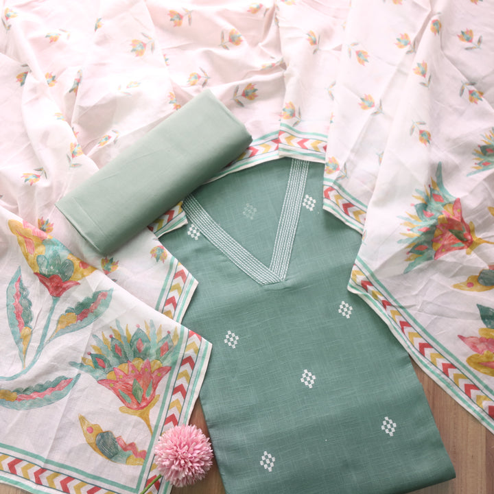 Raajiya Fern Green V Neck Thread Work Pigment Print Cotton Suit Set